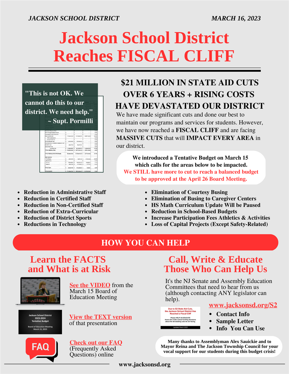  flyer announcing ways to draw attention to our budget crisis